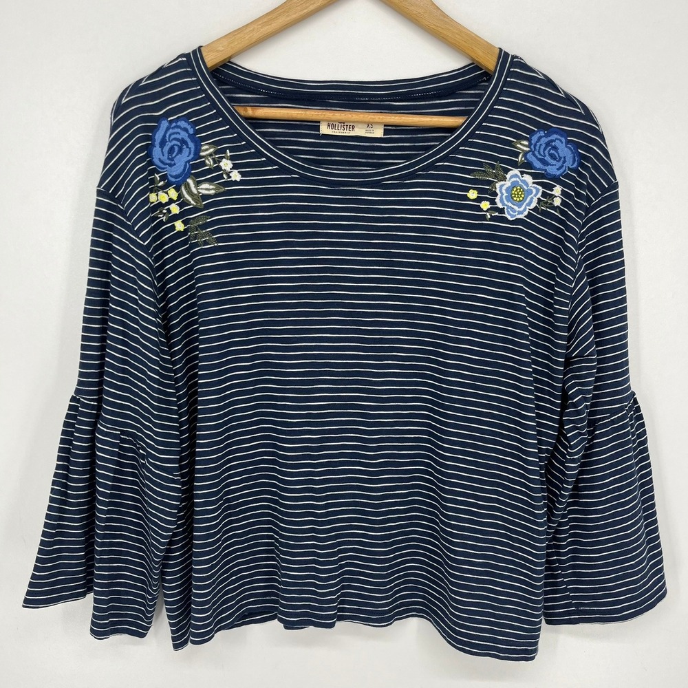 Hollister‎ Womens XS Navy Blue Striped Floral Embroidered Bell Sleeve Top